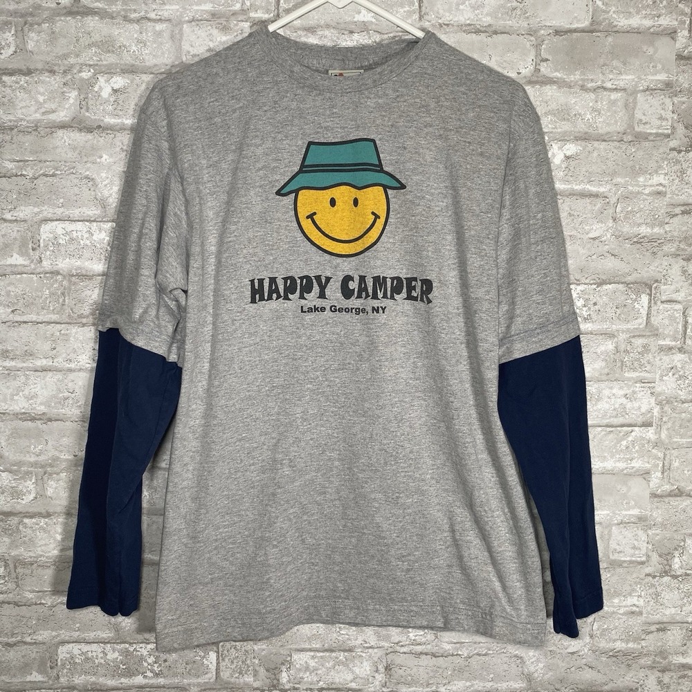Vintage Lee Y2K 90s Happy Camper Lake George Smile Long Sleeve T Shirt XL (18-20